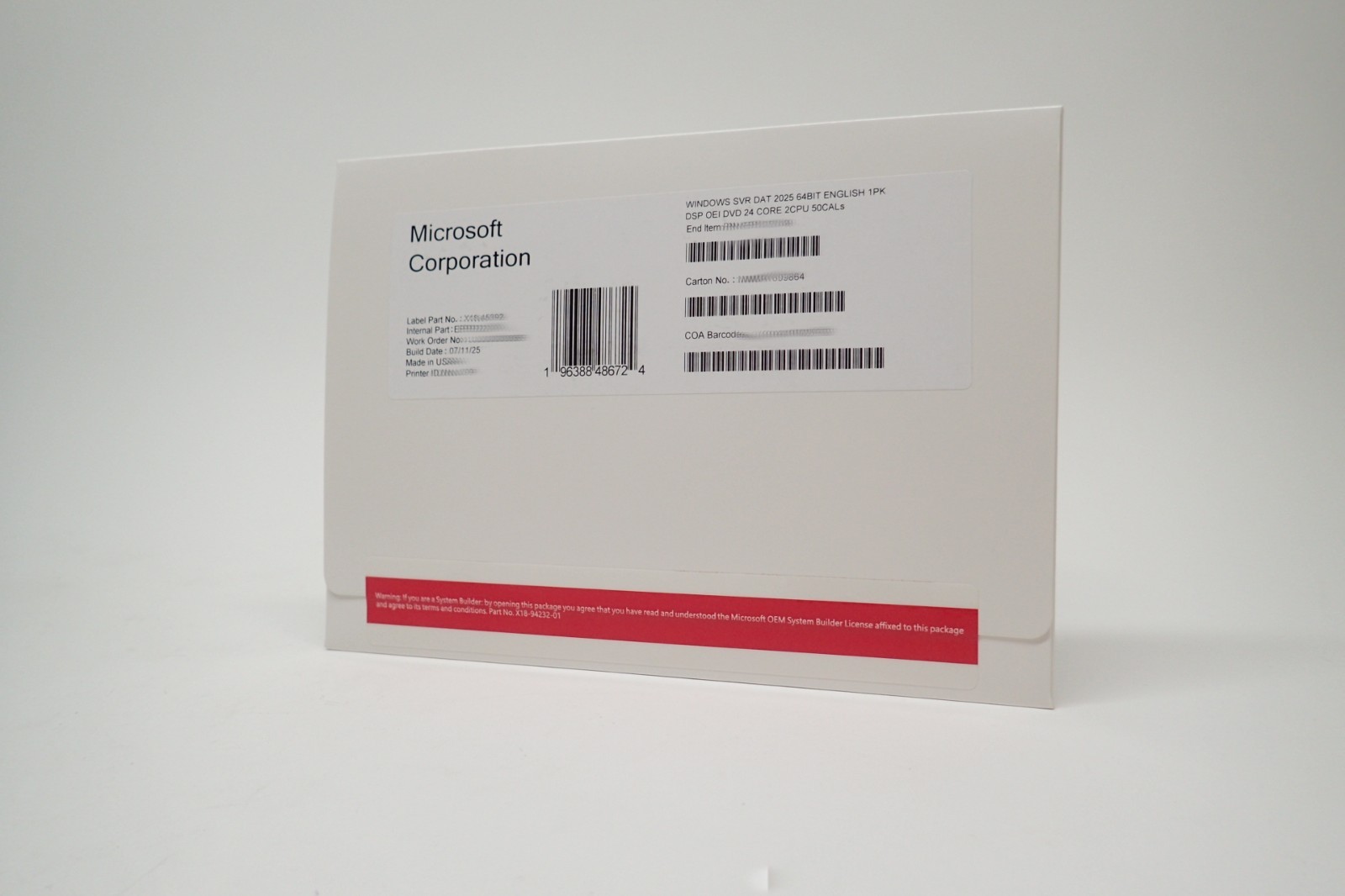 Microsoft Windows Server 2025 Datacenter 24-Core 50CAL 1PK DVD + KEY Kit