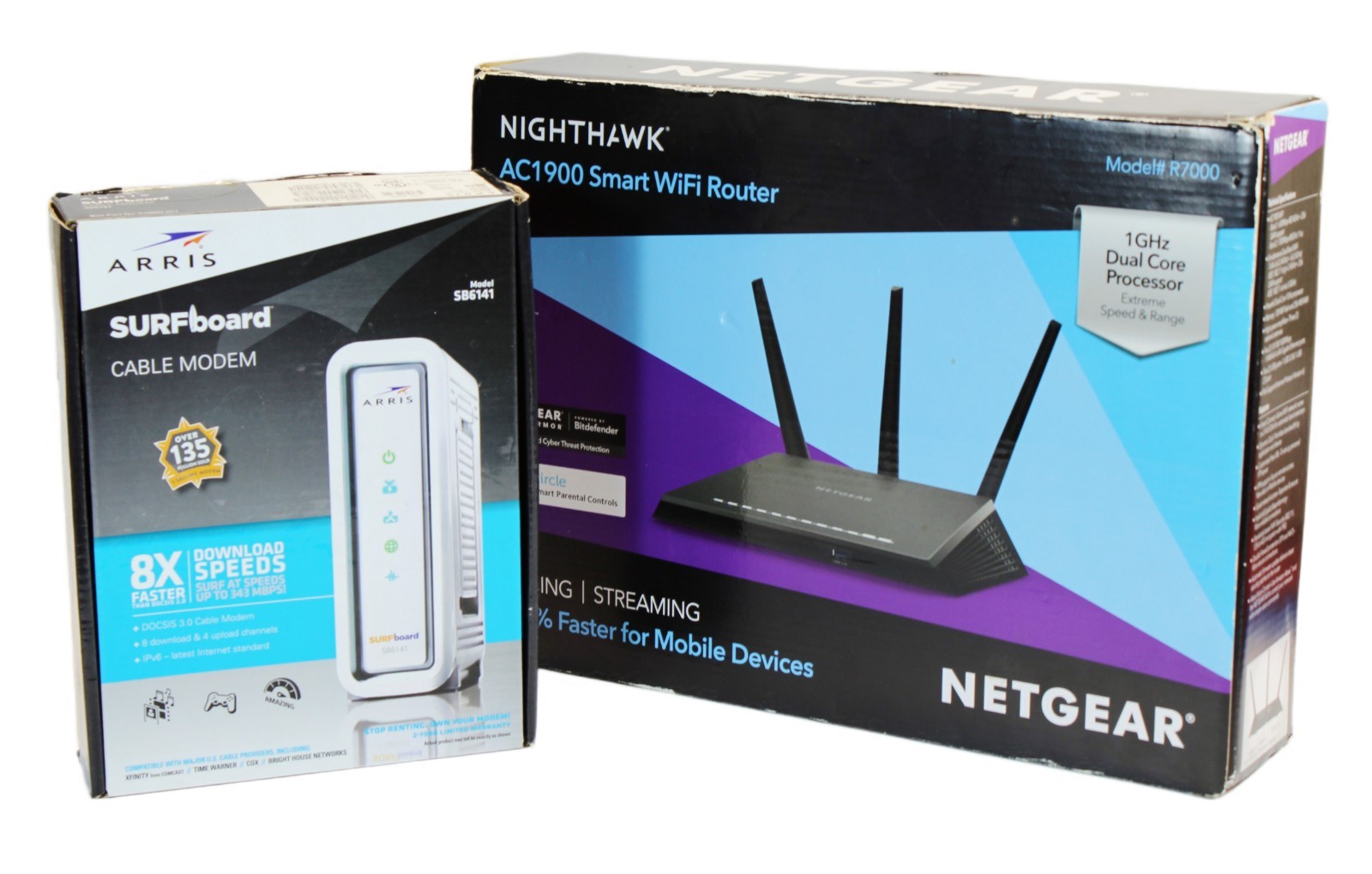 NETGEAR Nighthawk R7000 Smart WiFi Wireless Router AC1900 Gaming & Surfboard Lot