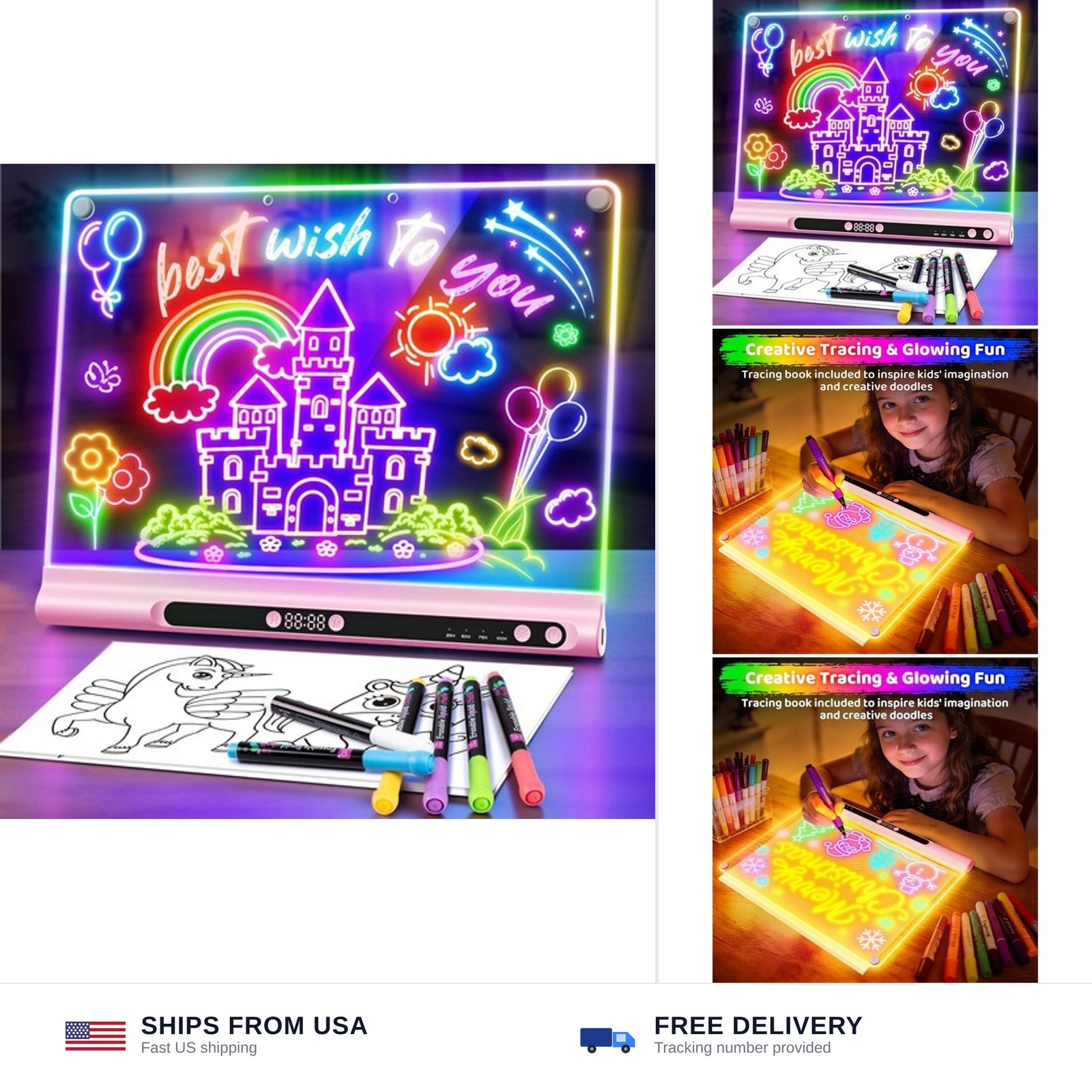 Geokay 16“ Rechargeable LED Drawing Board, 9-Color Light Modes with Timer & B...