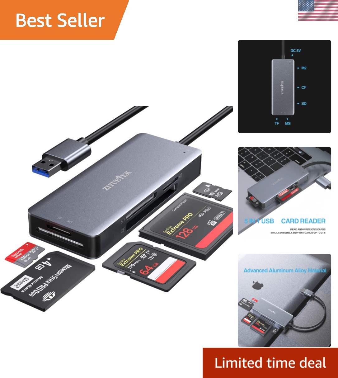 5-in-1 USB 3.0 Card Reader - 5Gbps Transfer, Reads Multiple Cards Simultaneously