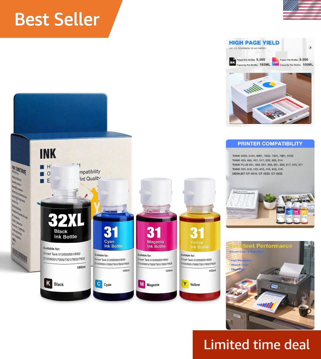 4-Pack Ink Refill Bottles for HP Smart Tank 7602, High Yield 9500 Pages