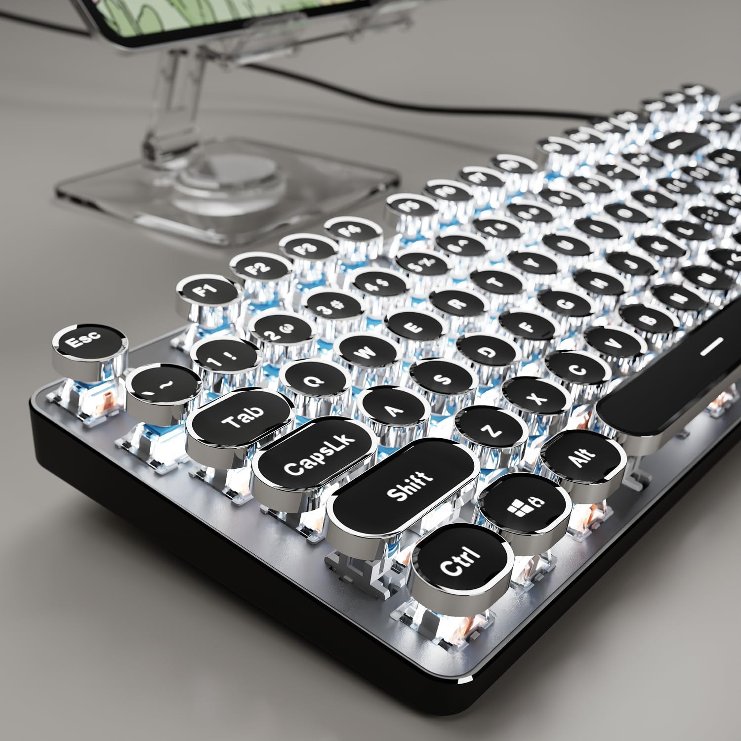 Typewriter Mechanical Gaming Keyboard White LED Blue Switch Wired Full Size Blac