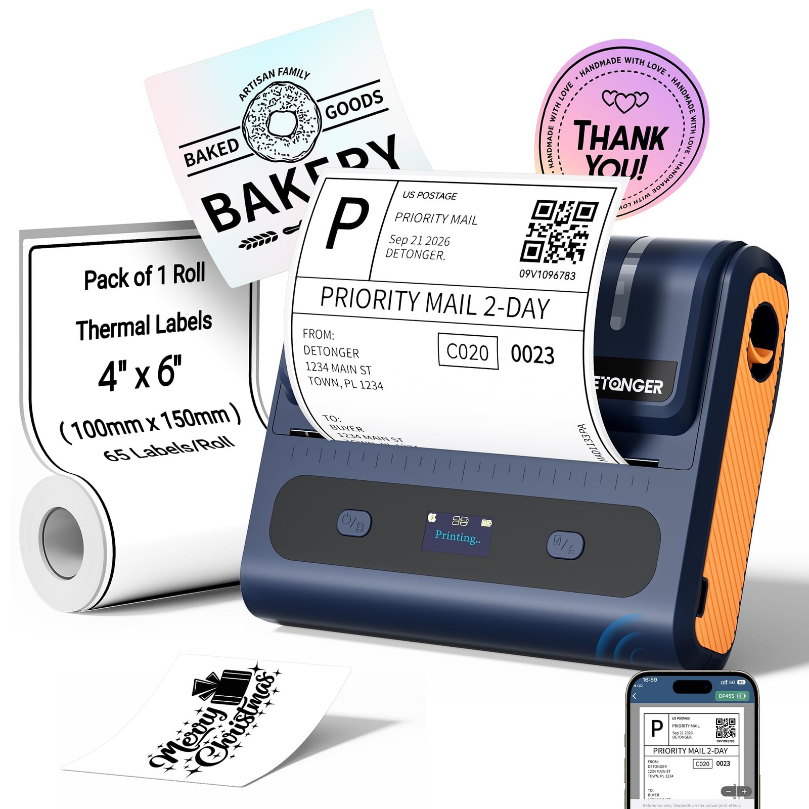 DETONGER Battery Powered Shipping Label Printer | DP45S 4x6 Cordless Portable...