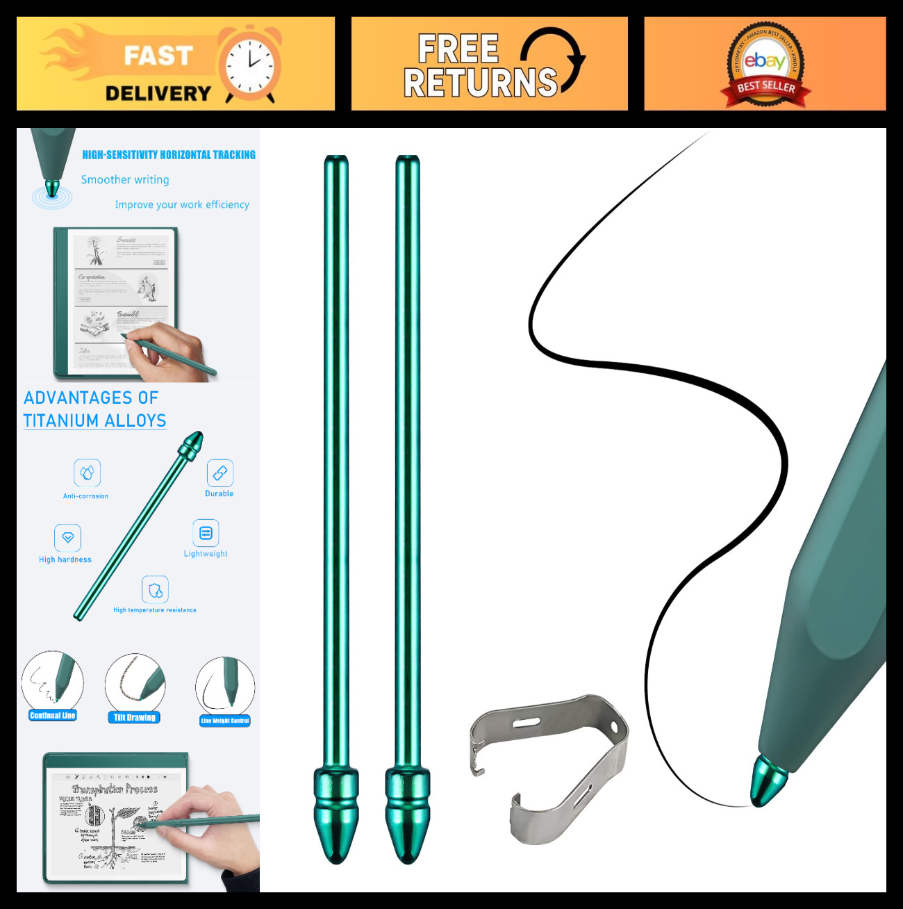 2 Pcs Green Titanium Alloy Replacement Fine Tips for Kindle Scribe Pens - Smooth
