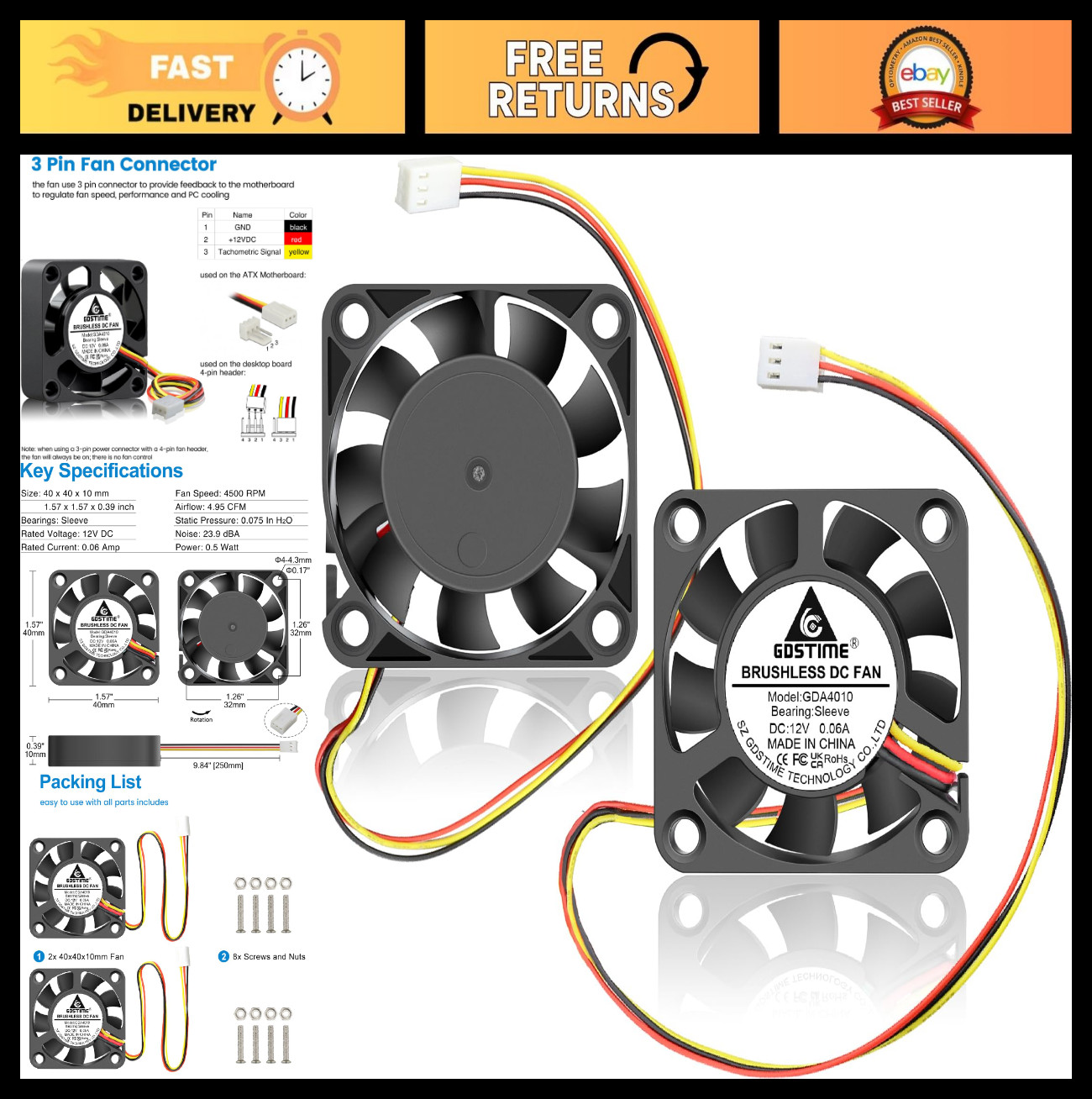 40mm 3-Pin Mini PC Fans 12V 40x40x10mm - 2-Pack Brushless Cooling for NVR, NAS,