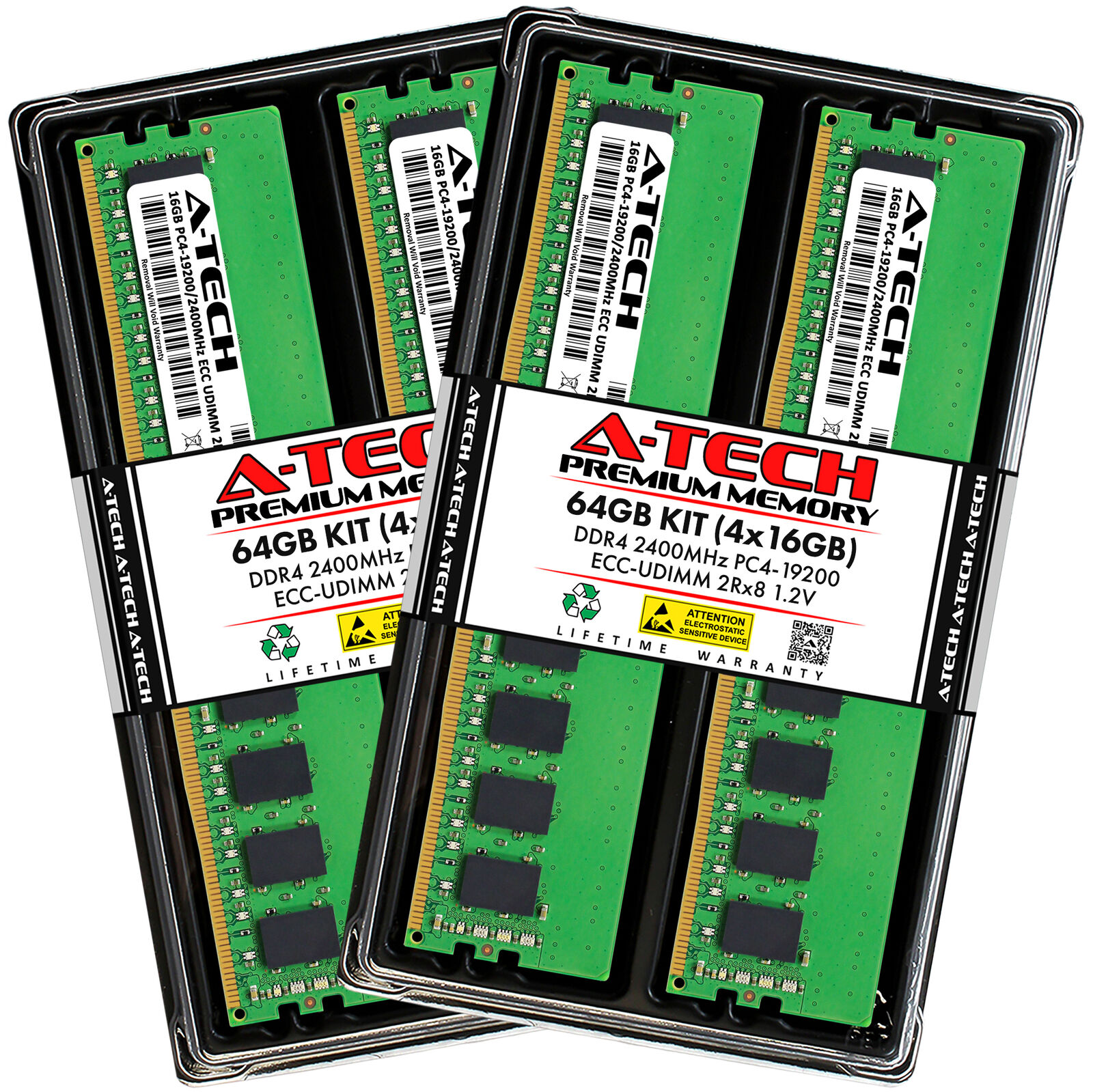 A-Tech 64GB 4x 16GB 2Rx8 PC4-19200E DDR4 2400 MHz ECC UDIMM Server Memory RAM