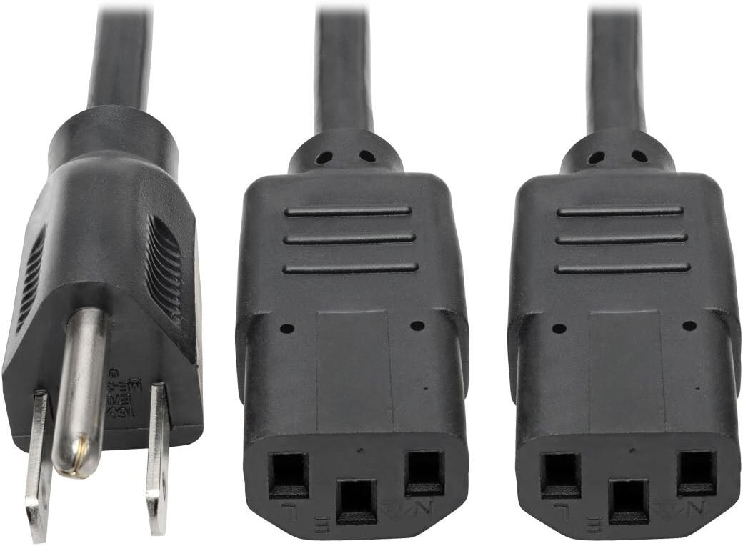PWR+ Power Cord Y Splitter Cable (NEMA 5-15P to 2x C13) 6-ft, 125V, 10A, Black