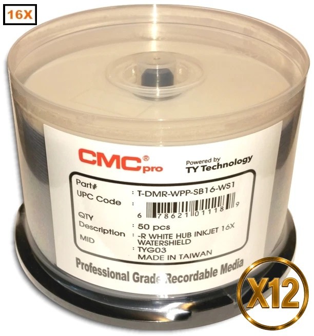 600-Pak CMC PRO (TY Technology) WATERSHIELD & GLOSSY White Inkjet Hub 16X DVD-Rs