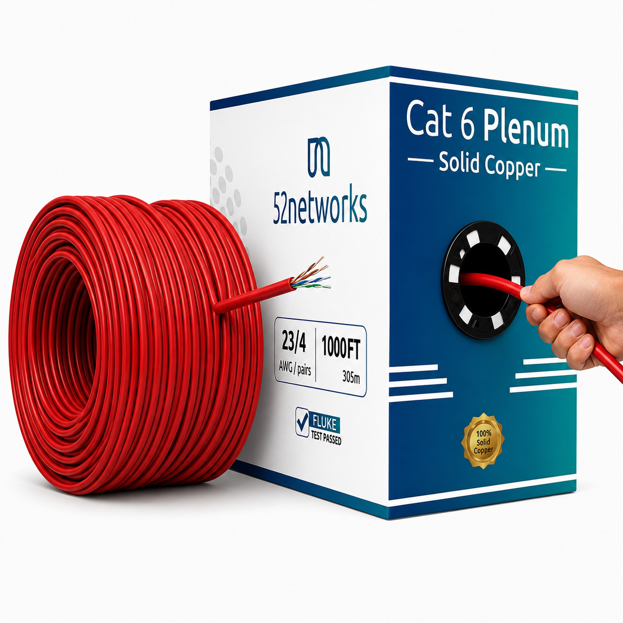 52Networks 1000FT Cat6 Plenum Solid Copper UTP Cable Red