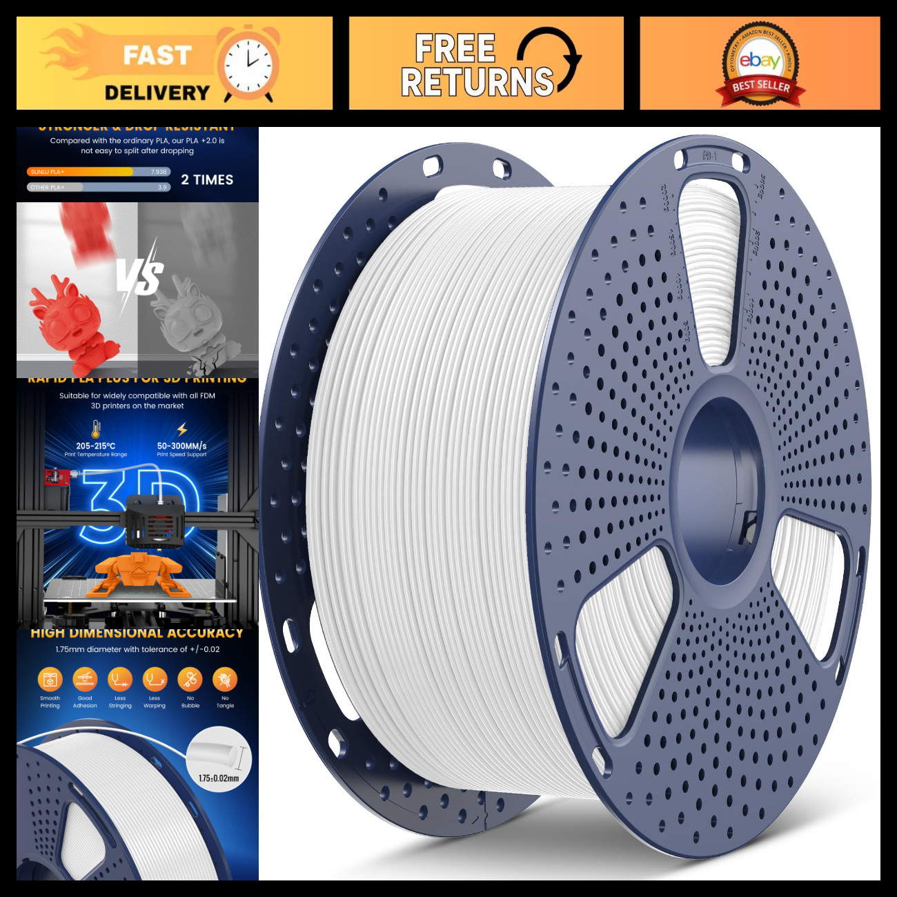 High-Quality PLA+ 3D Printer Filament, 3KG Large Spool, White, Strong & Durable
