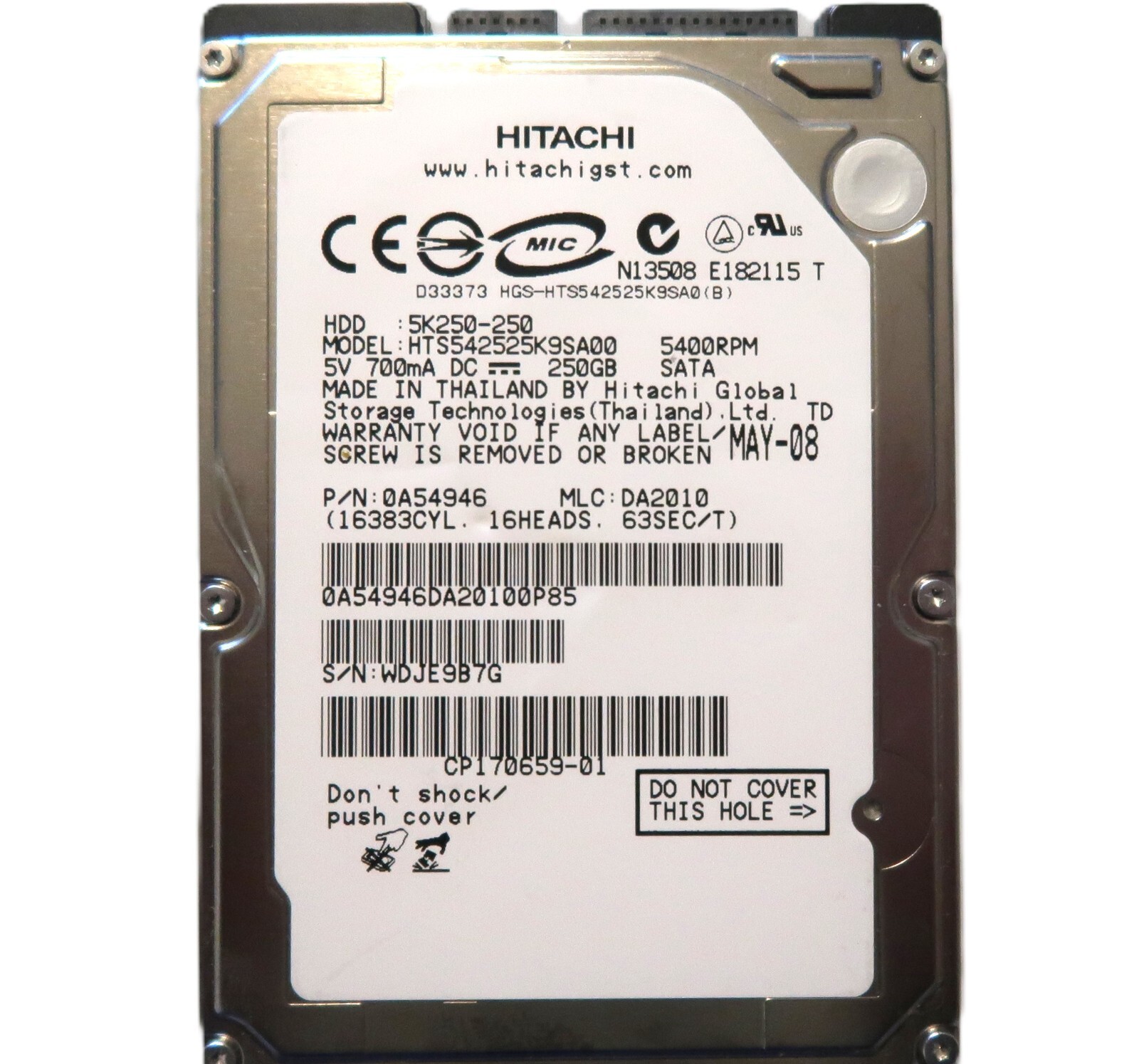 Hitachi HTS542525K9SA00 0A54946 DA2010 (WDJ) Thailand 2.5" 250GB Sata HDD MAY-08