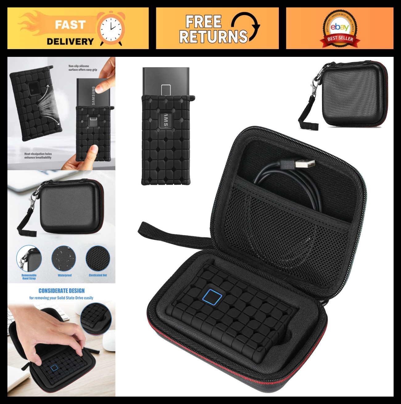 Hard Carrying Case for Samsung T7 SSD - Shockproof Travel Organizer, Fits 500GB-