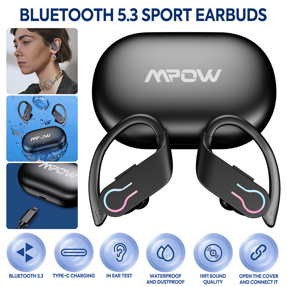 Mpow TWS Sport Earphone Bluetooth 5.3 Headphone HiFi Stereo Headset Ear Hook Mic