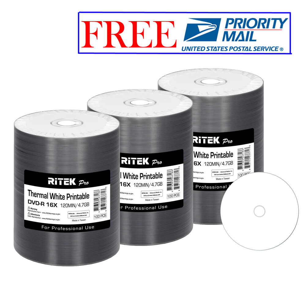300 Pack Ritek Pro DVD-R 16X 4.7GB White Thermal Hub Printable Blank Media Disc