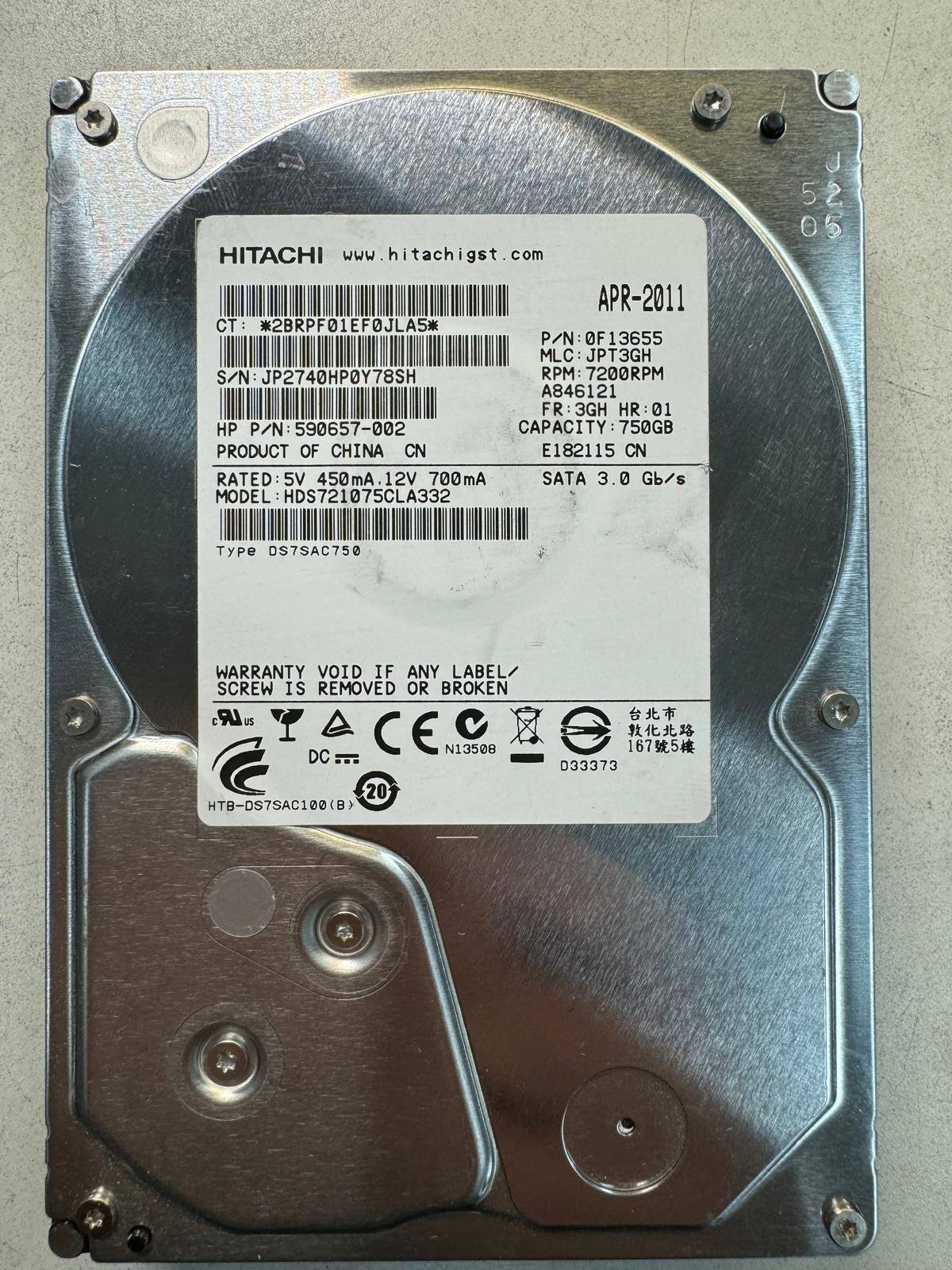 HP 590657-002 HDS721075CLA332 0F13655 750GB 7.2K RPM 32MB Cache 3Gb/s SATA 3.5"