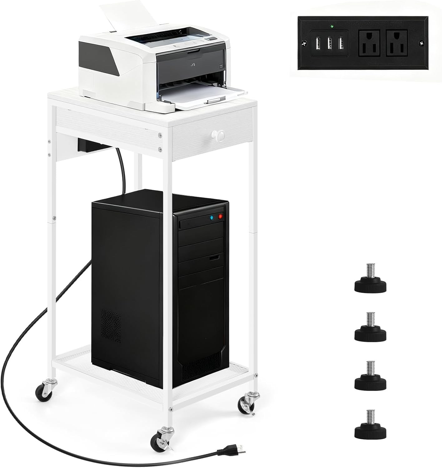 Printer Stand w/Storage Drawer Rolling Printer Desk Cart PC Tower Charge Station