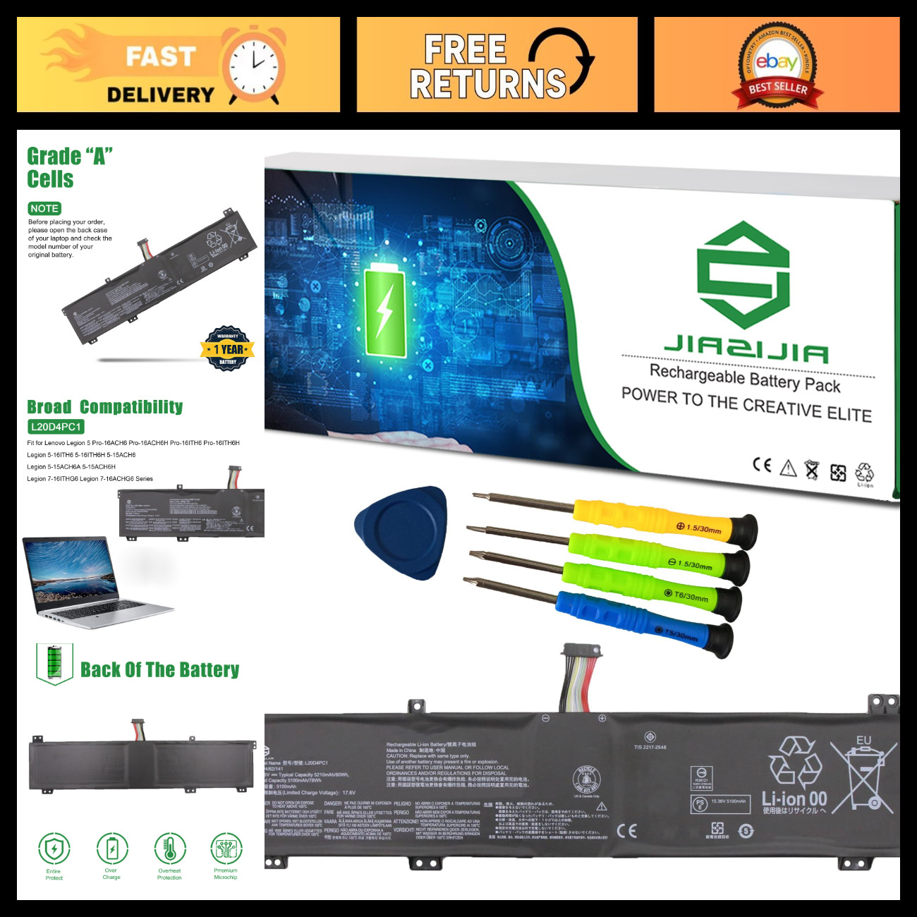 High-Capacity Laptop Battery Replacement for Lenovo Legion 5 Pro 16ACH6 80Wh 15.