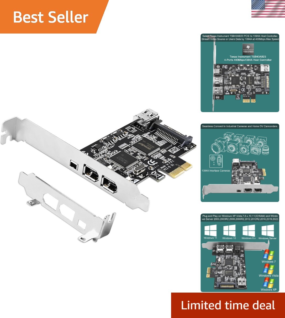 Texas Instruments 4-Port FireWire 400 PCIe Expansion Card - Dual OS Support