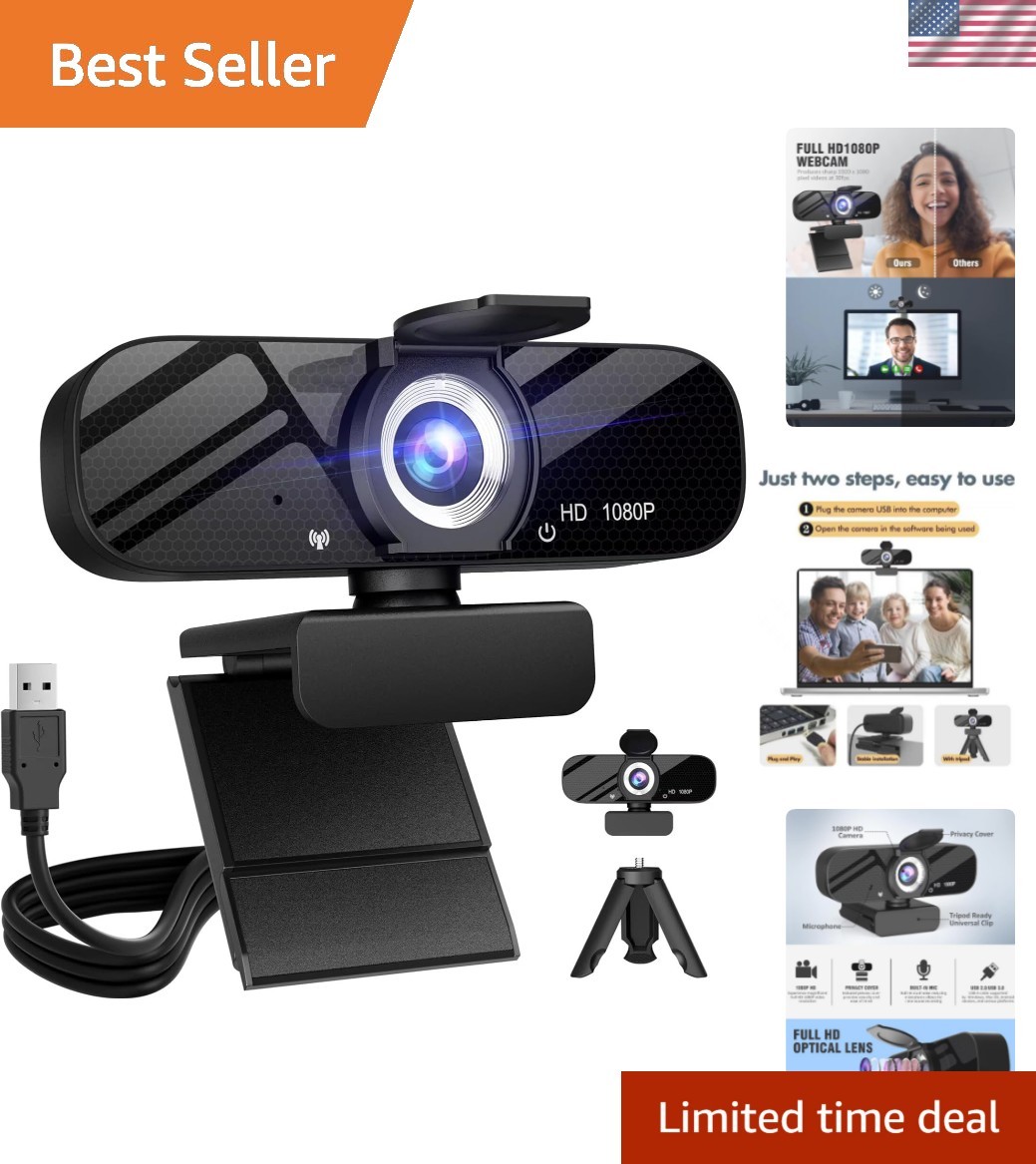 Full HD Webcam with Rotatable Tripod & Automatic Light Correction for Meetings