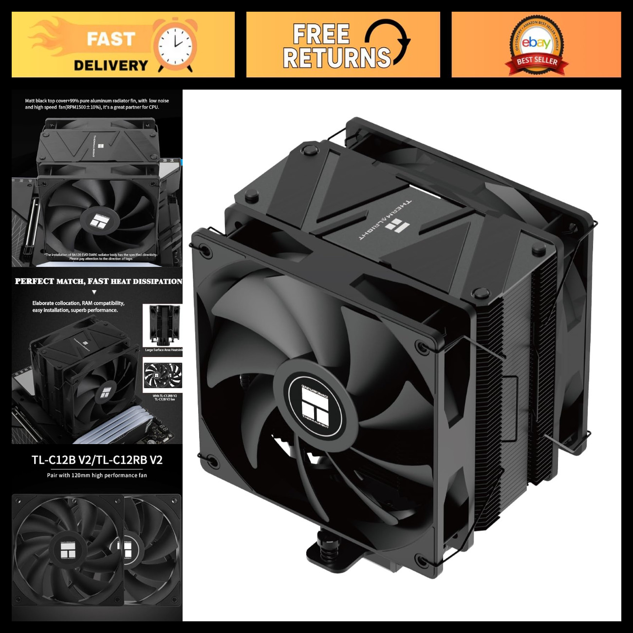High-Performance CPU Air Cooler, 6 Heat Pipes, PWM Quiet Fans, AM4/AM5/Intel LGA