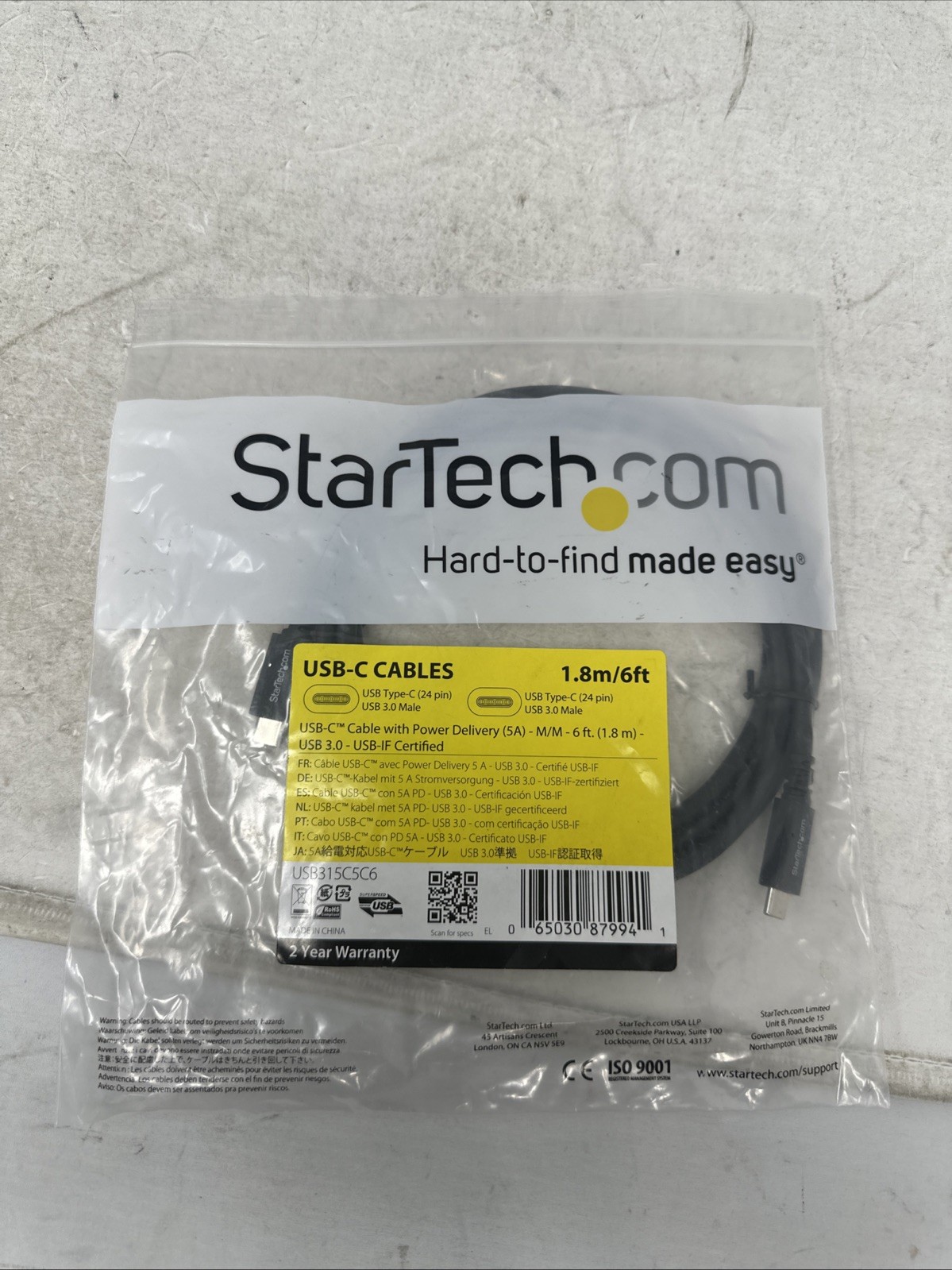 STARTECH USB315C5C6 6FT USB C TO USB C 5A CHARGING CABLE NEW