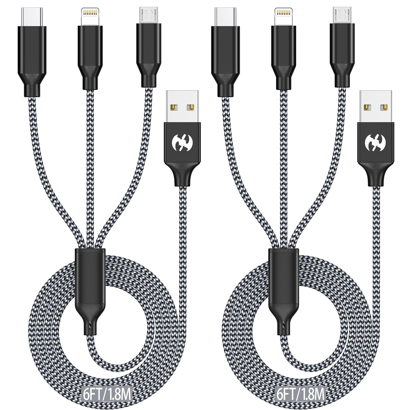 Multi Charging Cable 6ft 2Pack 3 in 1 Charger Cord, Multiple 6ft, Black/Grey