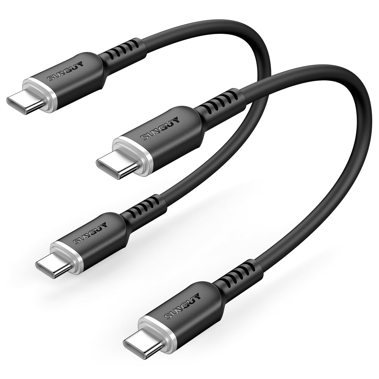 SUNGUY USB C to C Cable 1FT, 2Pack 100W Soft Silicone 1ft+1ft, Black