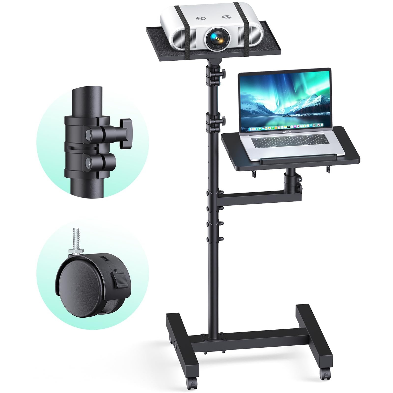 Projector Stand Tripod: 2 Shelves Mobile Laptop Cart Adjustable Height Black