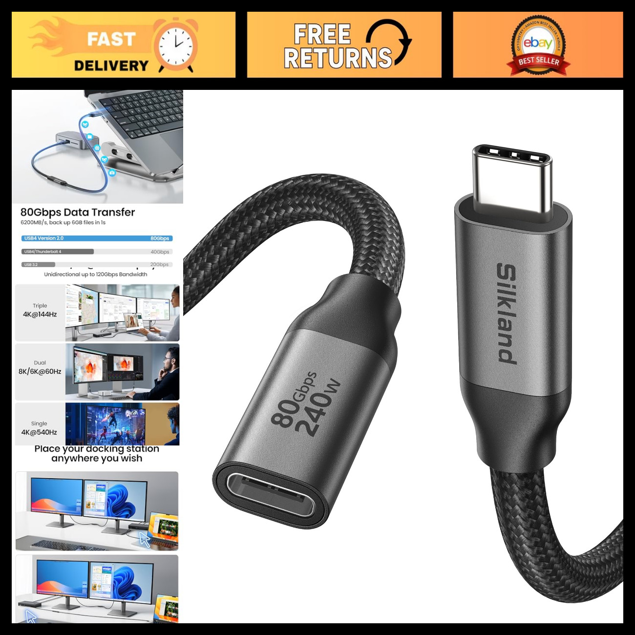 80Gbps USB4 USB C Extension Cable 240W for Thunderbolt 5/4 - 3.3FT High-Speed