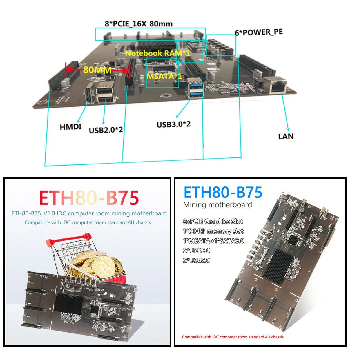 Desktop Computer Mining Motherboard 8xPCI Express 16X LGA1155 DDR3
