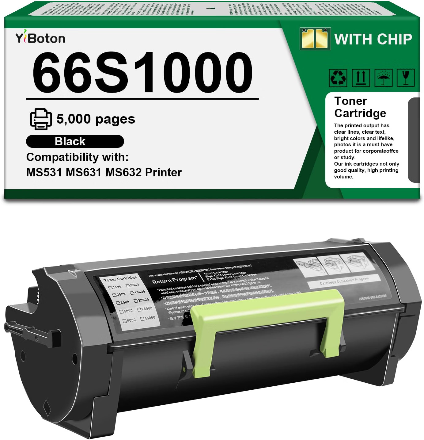 With Chip 1-Pack Toner Cartridge Black BN Printer Compatible 66S1000 Lexmark
