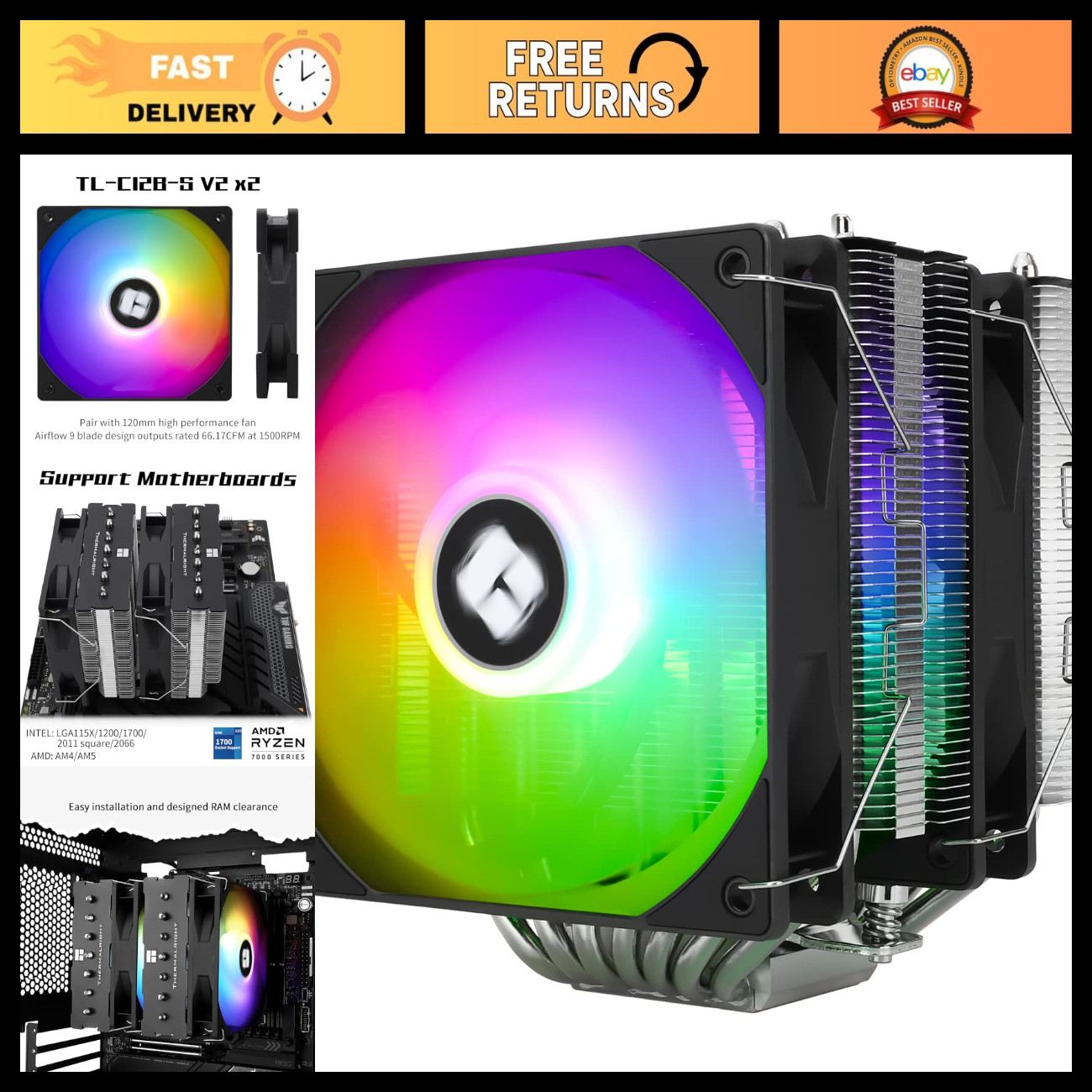 High-Performance ARGB CPU Cooler 154mm, 7 Heat Pipes, Dual Tower & PWM Fans, Int