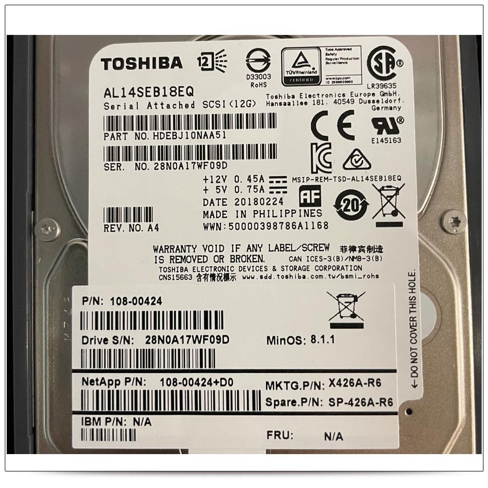NetApp X426A-R6 1.8TB SAS 2.5" HDD 108-00424, Toshiba AL14SEB18EQ, SP-426A-R6