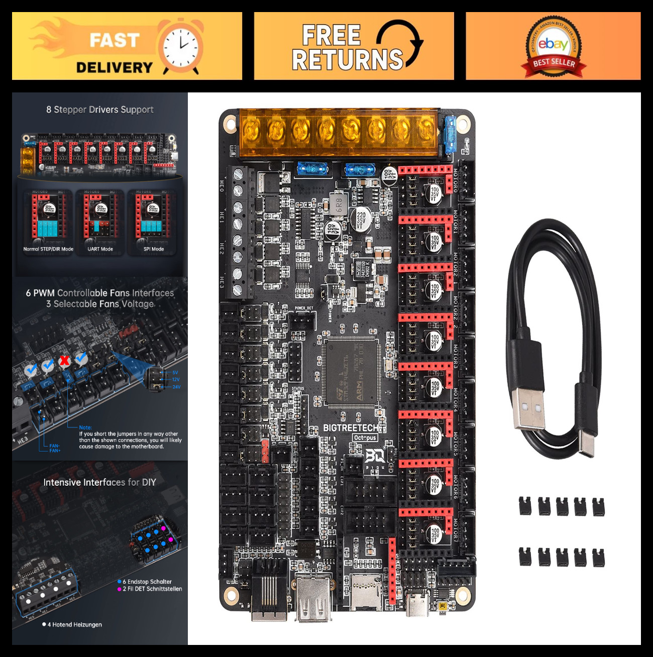 32Bit Silent Control Board for 3D Printers | 8-Axis TMC2209 Driver, Klipper/Marl