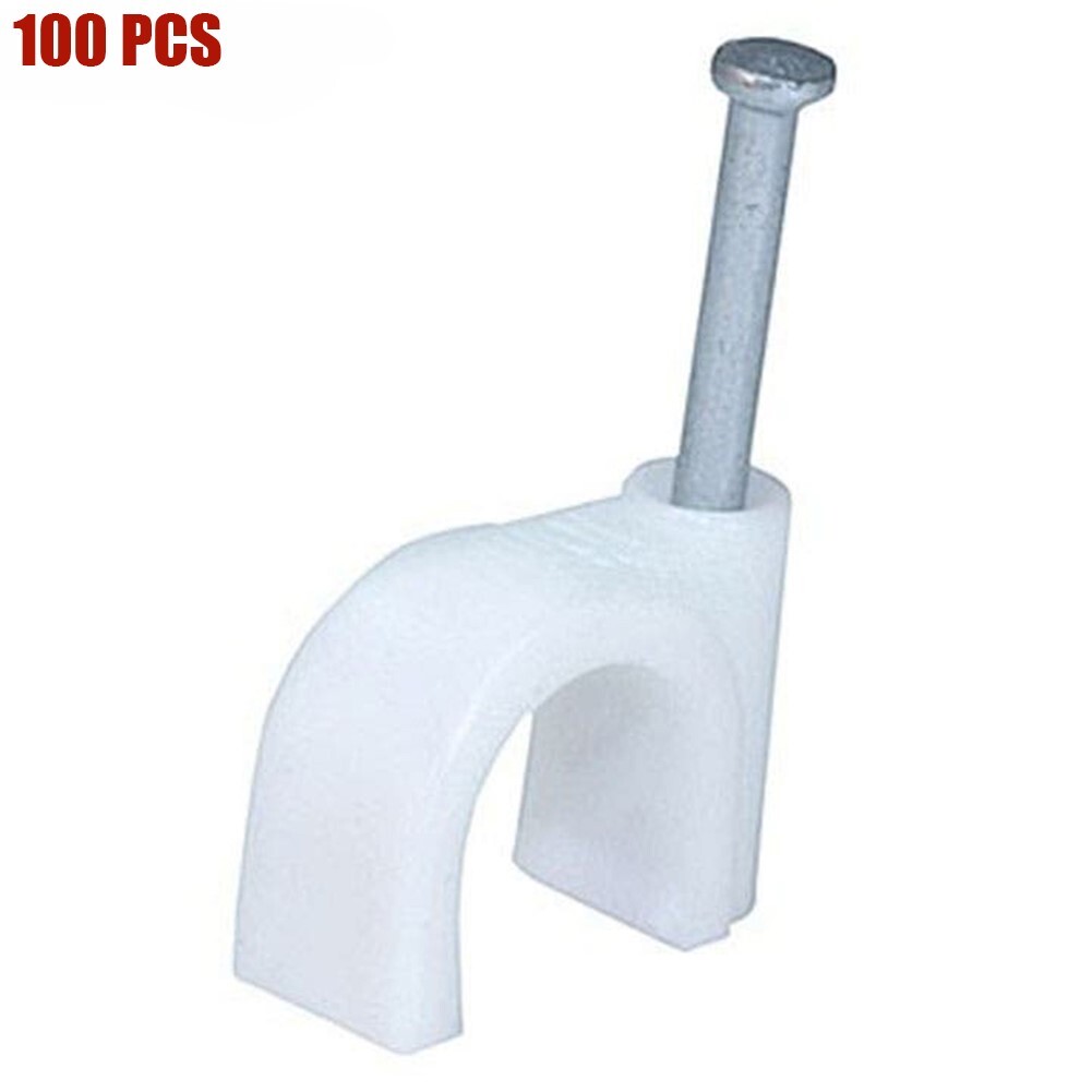 100 Pcs 10mm Plastic Circle Cable Clips Wire Organizer with Steel Nail White