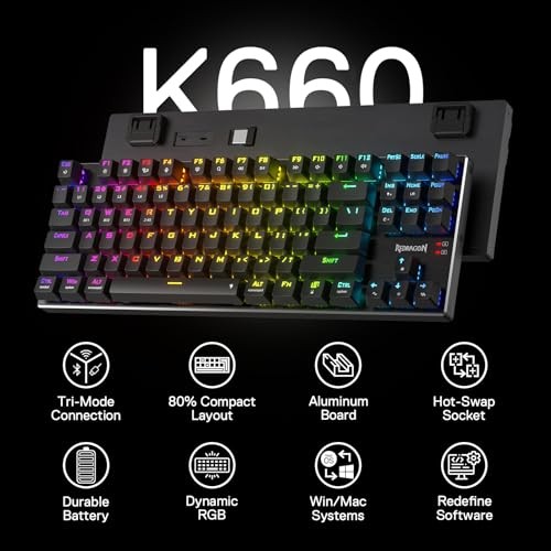 REDRAGON K660RGB-PRO (K556 TKL) WIRELESS GAMING KEYBOARD, 80% 87 KEYS -  BLACK