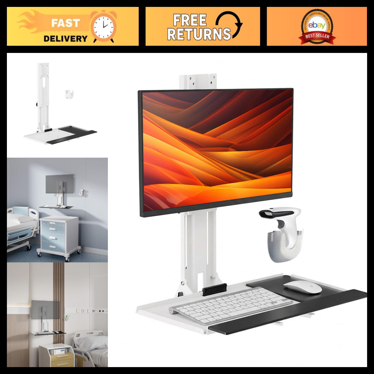 Adjustable Medical Monitor Wall Mount for 17"-32" Displays, Keyboard Tray & Scan