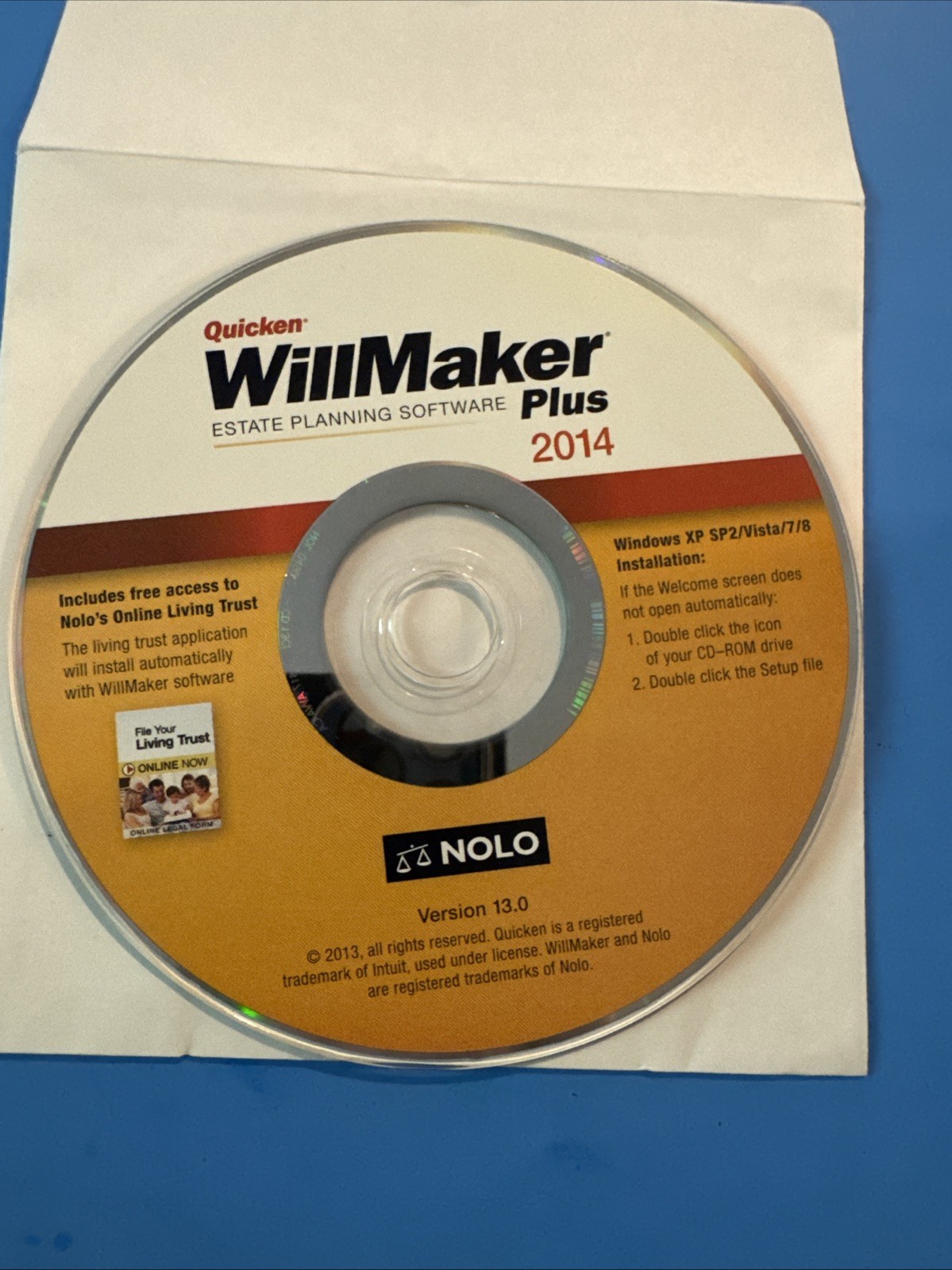 Quicken WillMaker Plus 2014 by Nolo ~  Windows XP/Vista/7/8 ~ CD-only