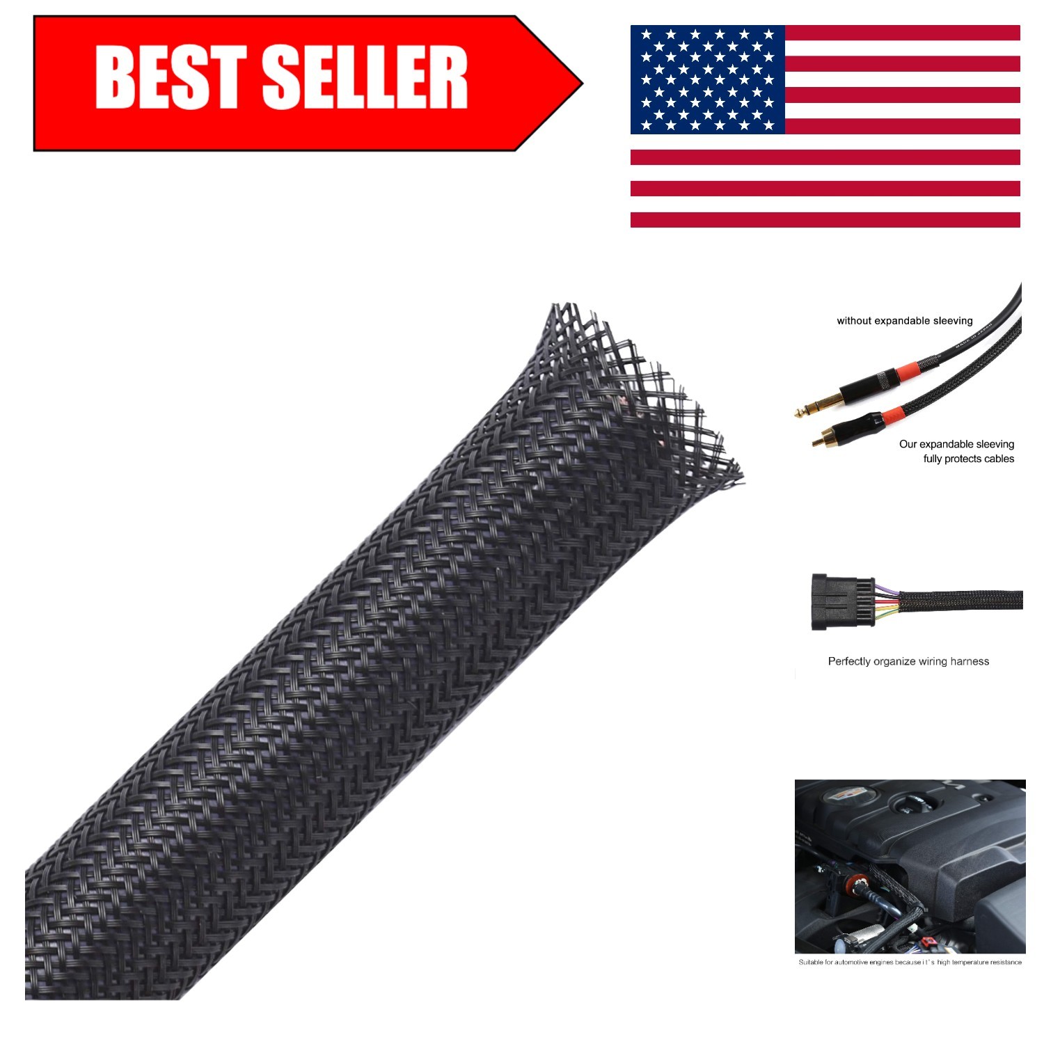 25ft Black PET Expandable Braided Sleeving | 1.5 inch Wire Protection Sleeve