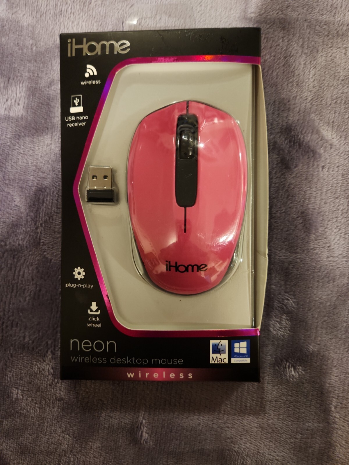 New iHome Wireless Desktop Mouse Neon Pink Plug N Play USB Click Wheel Mac/PC