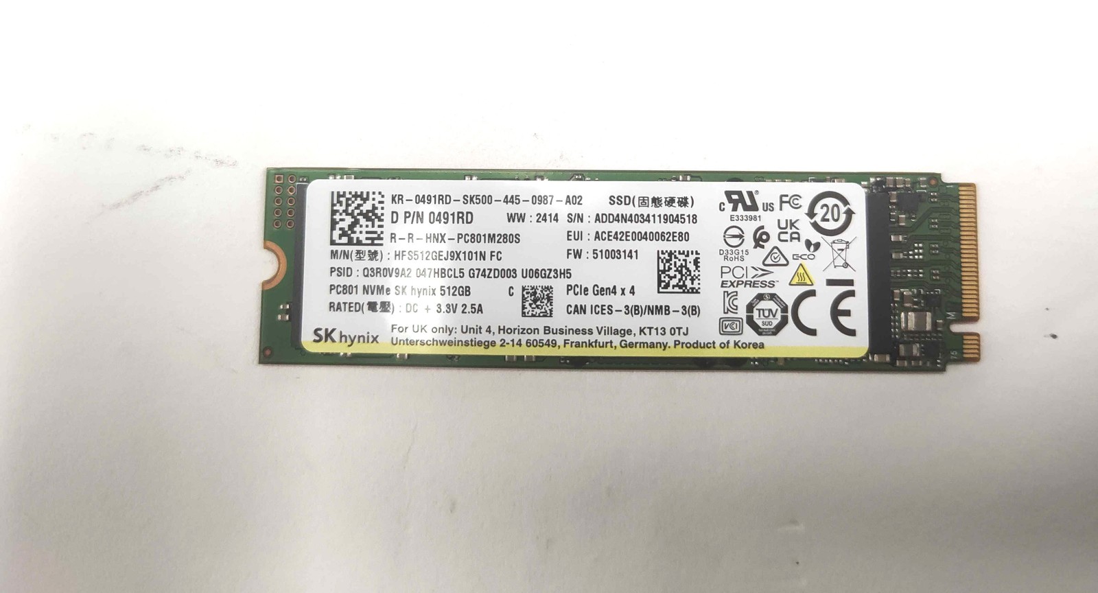 Dell (Sk Hynix HFS512GEJ9X101N) Solid State Drive - 512 GB - NVMe - PCIe 491RD