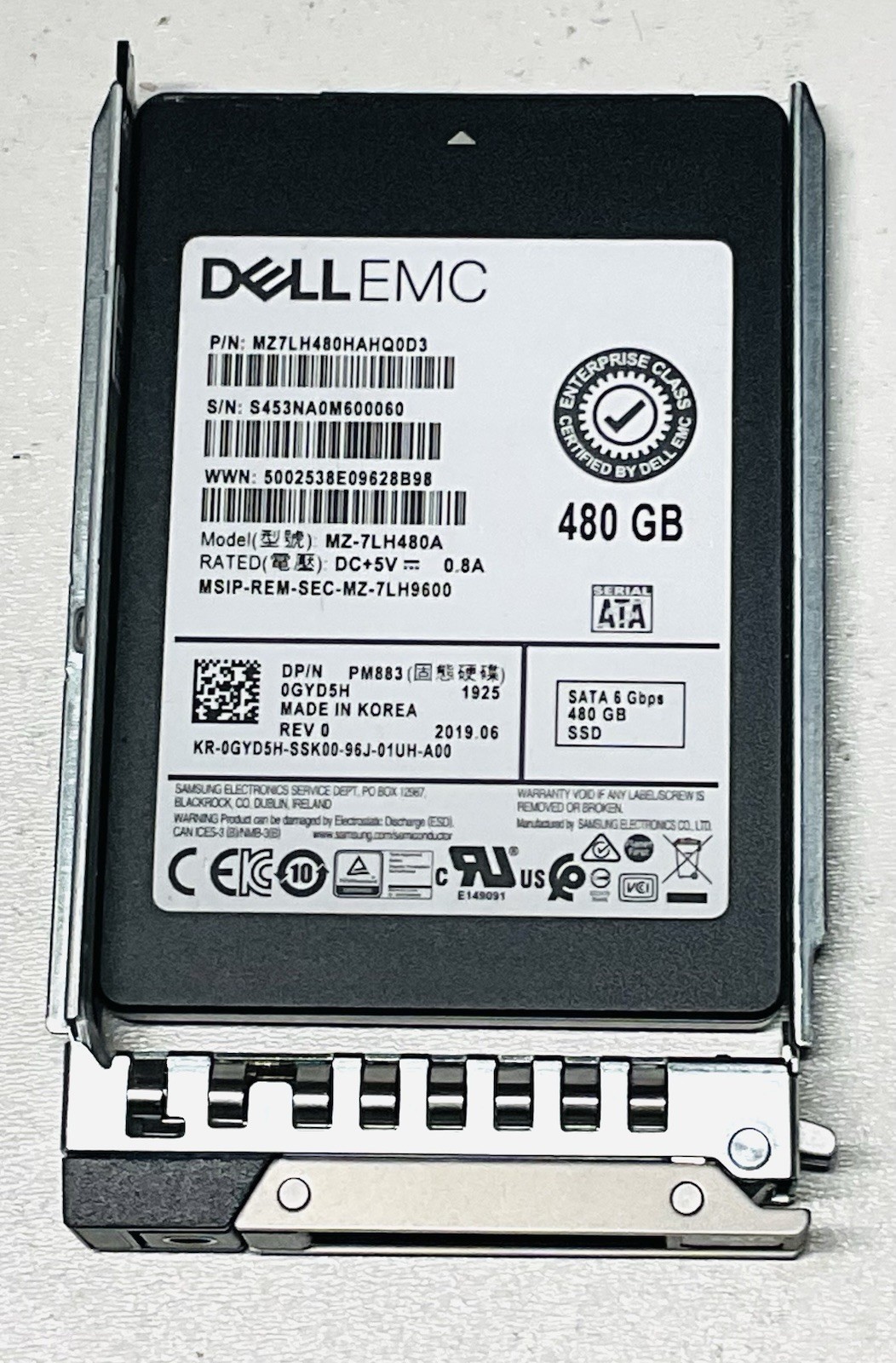 Dell EMC  MZ7LH480HAHQ0D3 MZ-7LH480A LOW HOURS 480GB SATA SSD DXD9H Caddy 0GYD5H