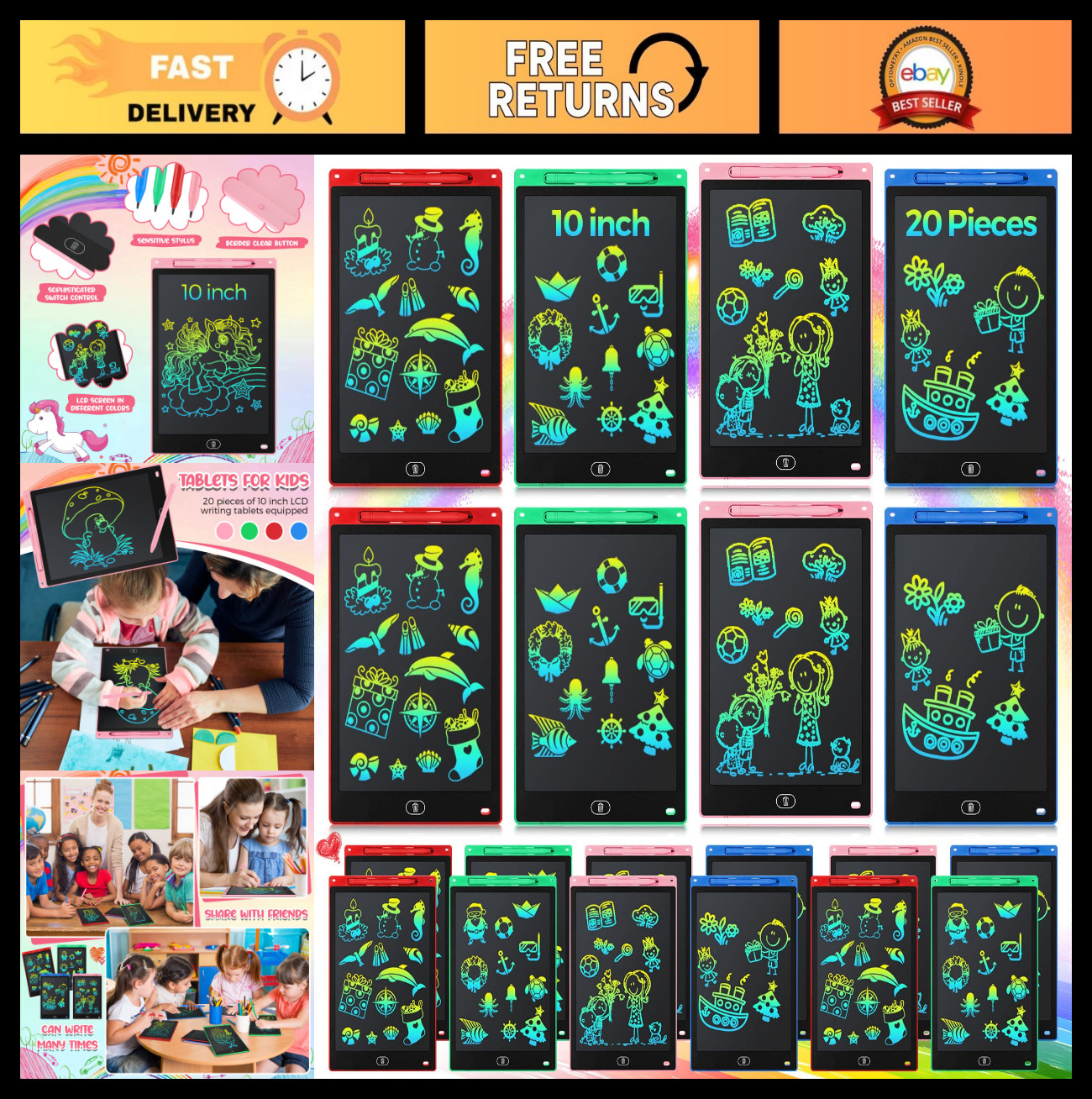 20 Pcs 10" LCD Writing Tablet Kids Doodle Board Erasable Drawing Pad Educational