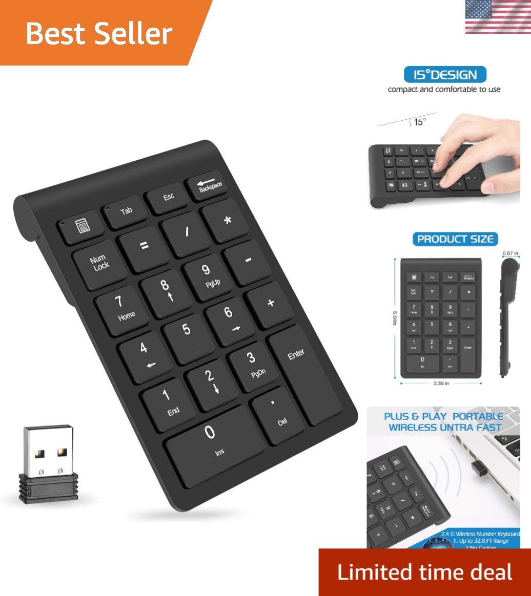 2.4 GHz Wireless Numeric Keypad - 22 Keys Ergonomic USB Numpad for Laptops