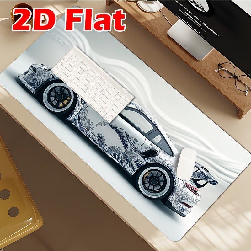 2D Flat White Ukiyo-e Style Sports Car Large Gaming Mouse Pad Desk Mat, 35.4 X