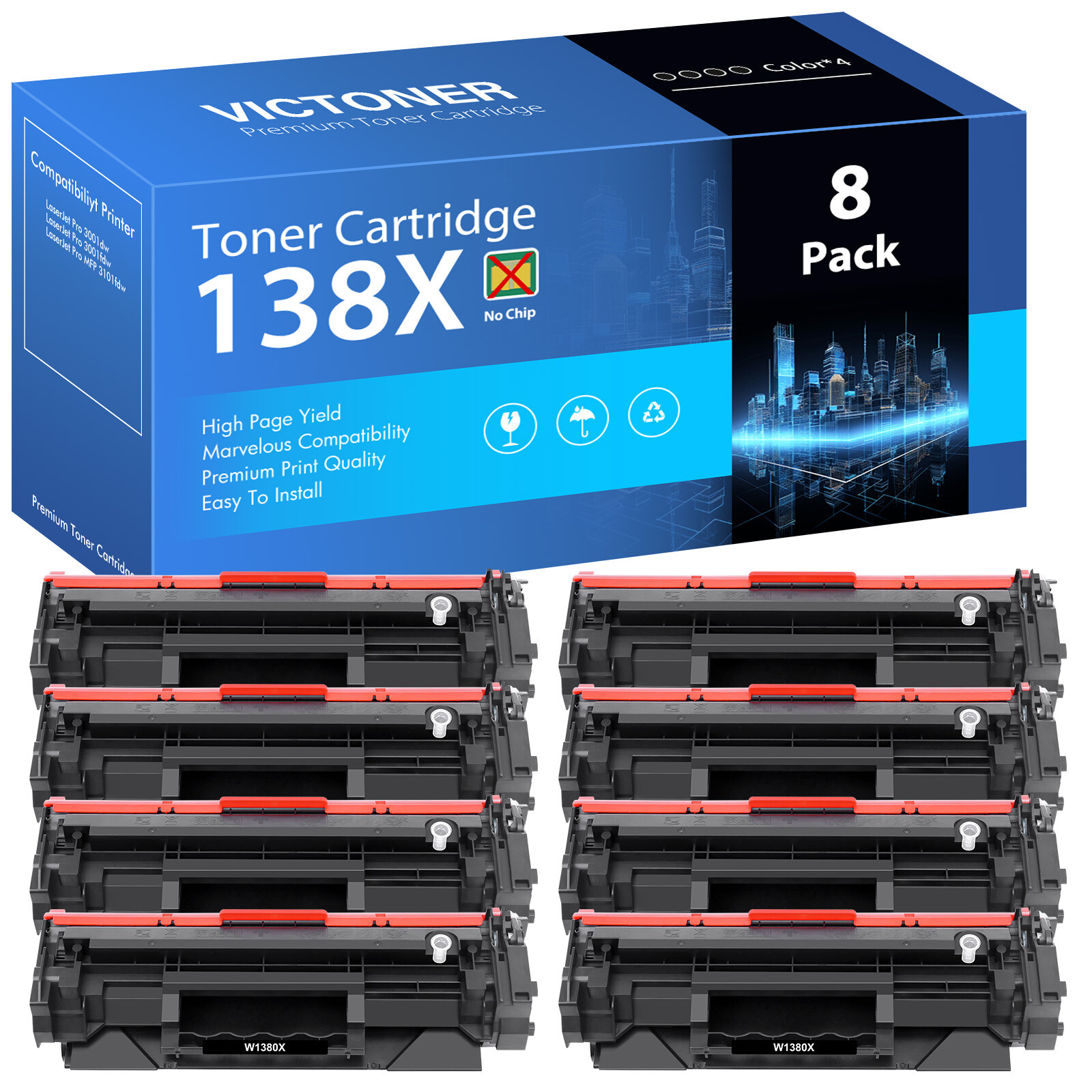 8PK W1380X No Chip Toner Compatible With HP 138X LaserJet Pro 3001dw MFP 3101fdw