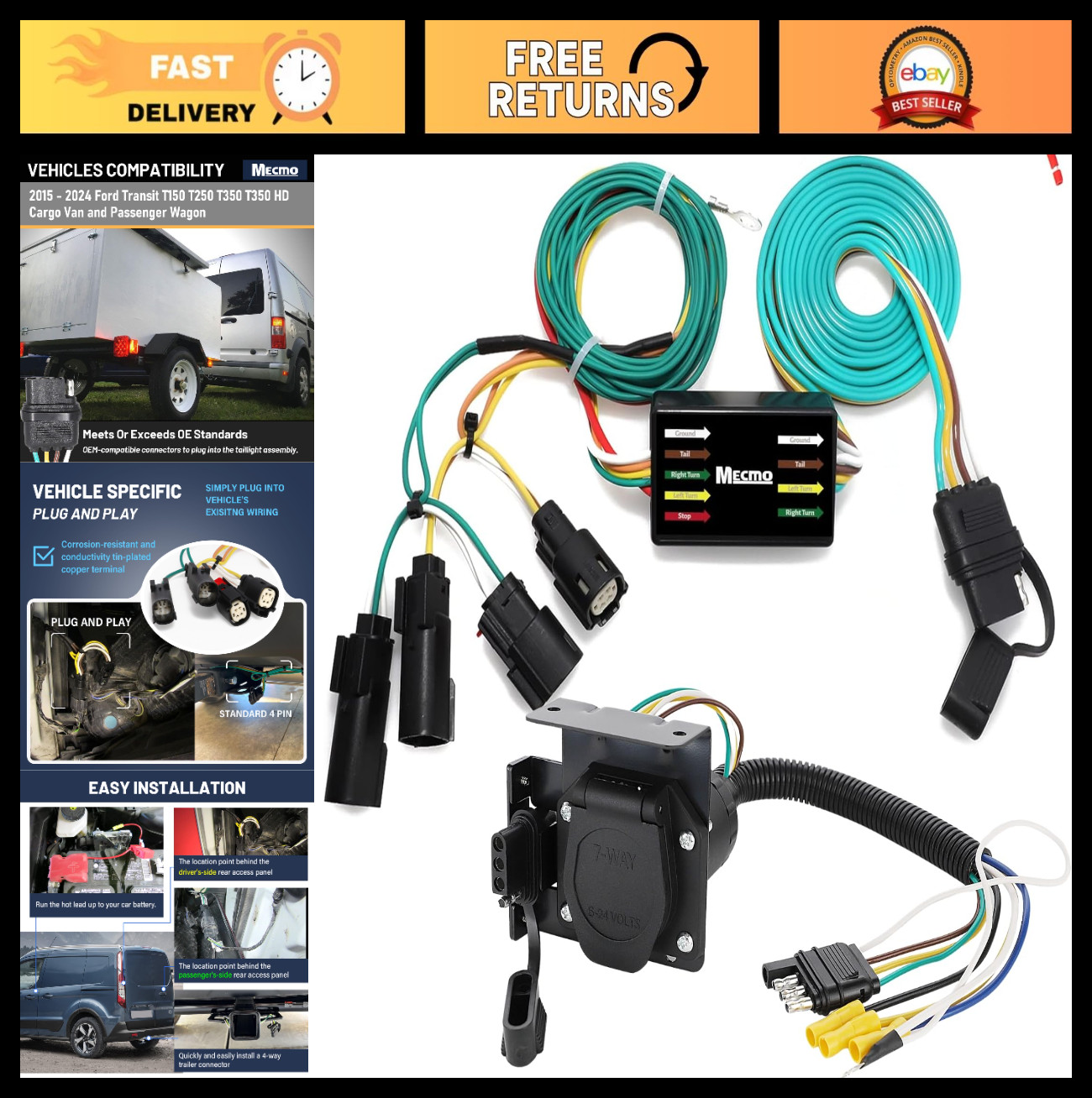 4-Way Flat to 7-Pin RV Blade Trailer Wiring Adapter Connector, 4-Pin Harness for