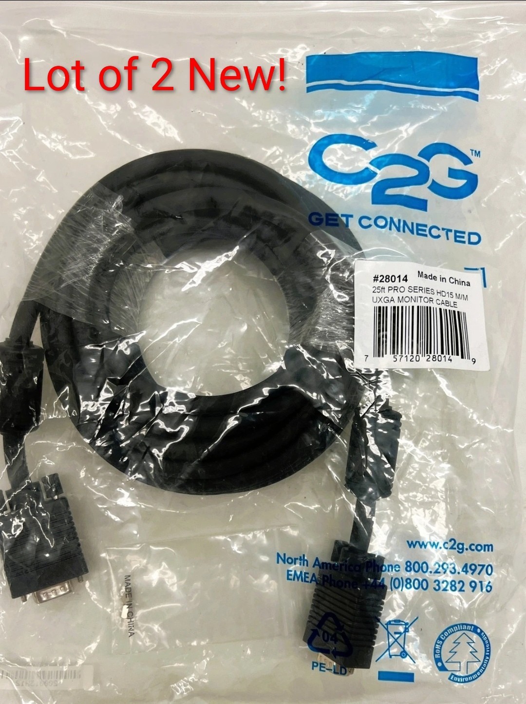 Lot Of 2 Cables 2 Go C2G 28014 Pro Series UXGA Monitor Cable 25 Ft. - Brand New