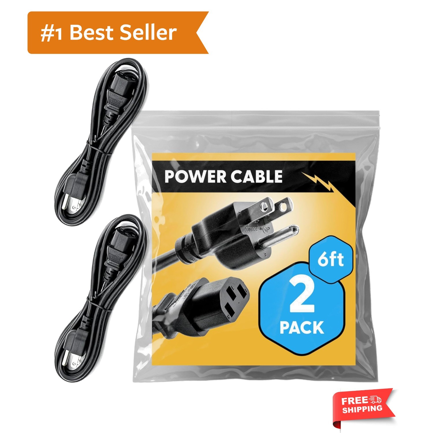Approved 6ft Universal Power Cord 2 Pack - IEC C13 to NEMA 5-15P Computer Mon...