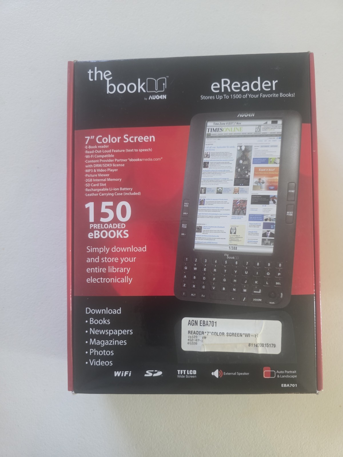 Augen The Book eReader 2GB Wi-Fi, 7"  With Case Augen External Speaker open box
